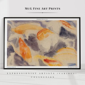 May include: A watercolor painting of five abstract fish in shades of orange, yellow, and white, set against a dark blue background. The painting is titled "Fish Series, No. 4 (1916)" and is attributed to Charles Demuth.