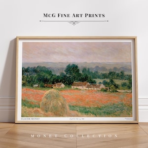 May include: A painting by Claude Monet titled "Haystacks at Giverny" depicting a landscape with a field of red poppies, a hay bale, and a village in the distance. The sky is a soft, pale blue with wispy clouds.