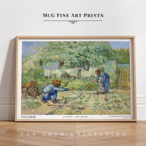 May include: A painting by Vincent van Gogh titled "First Steps, after Millet" depicting a man kneeling in a field, a woman and child walking away from him, and a house in the background. The painting is done in a style typical of van Gogh, with thick brushstrokes and vibrant colors.