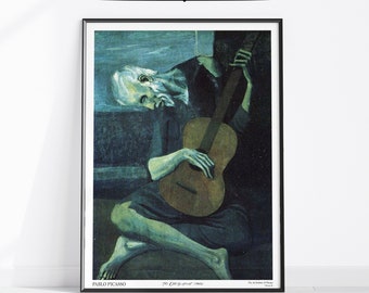 パブロ・ピカソ、ギター、希少画集画、新品額装付 パブロ・ピカソ 「ギターをもつ男」、人物画、巨匠、希少画集画、 新品