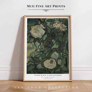 Rosas y escarabajos, Van Gogh, bodegón, flores, arte de pared, impresión, pintura al óleo floral vintage, póster, estética de mediados de siglo, decoración de sala de estar #2601