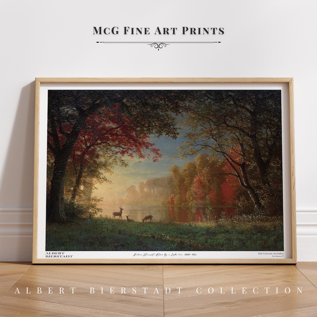 Indian Sunset Deer by a Lake Gallery Wall Art Print Vintage Landscape ...