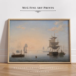May include: A vintage painting of a seascape with multiple ships sailing on a calm body of water. The sky is a soft blue with pink and orange hues, suggesting a sunrise or sunset. The ships are dark brown and have white sails. The water is a light blue and reflects the sky.