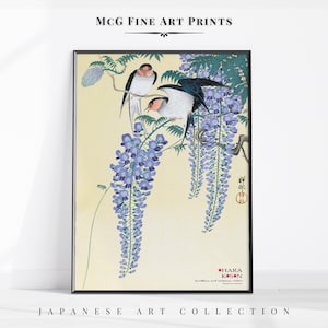 Galería de arte de pared con estampado floral de golondrinas y glicinas, pintura al óleo floral vintage, póster de aves de la naturaleza japonesa, decoración estética para sala de estar #2718