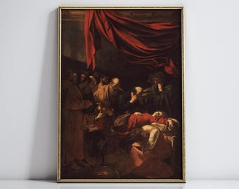 May include: A painting depicting a scene from the Bible, likely the death of Christ. The painting features a group of people gathered around a figure lying on a bed. The scene is painted in a dark, dramatic style, with rich colors and deep shadows. The painting is framed in a gold frame.