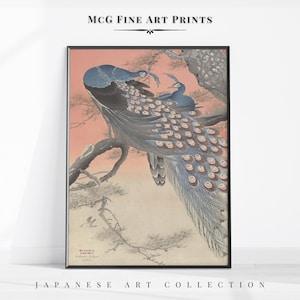 Dos pavos reales en la rama de un árbol, arte de pared, impresión floral vintage, pintura al óleo, póster de pájaro japonés, decoración estética para sala de estar #2722