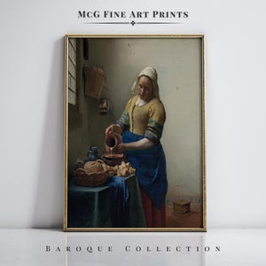 May include: A painting of a woman in a blue and yellow dress pouring milk from a pitcher into a bowl. The woman is standing in a kitchen with a wooden table and a window in the background. The painting is in a gold frame.