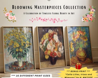 Vintage Flower Bouquet Set of 3 Prints Gallery Wall Art Famous Floral Poster Monet Van Gogh Renoir Painting Aesthetic Living Room Decor#1000