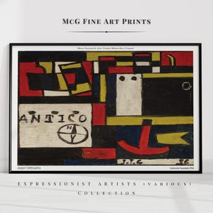 Puede incluir: Pintura abstracta geométrica en rojo, amarillo, negro, blanco y azul. La pintura presenta una brújula con la palabra "ANTICO" escrita encima. La firma del artista "JOAQUIN TORRES GARCIA" está en la esquina inferior izquierda. La pintura se titula "Constructive Transatlantic 1936".