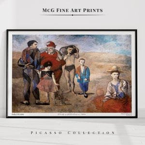 May include: A painting by Pablo Picasso titled "Family of Saltimbanques" (1905). The painting depicts a group of seven figures, including a clown, a woman in a straw hat, and a young boy. The figures are arranged in a semi-circle, with the clown in the center. The painting is set against a background of a sandy beach and a blue sky.