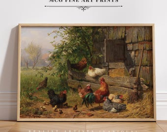 Chicken Yard Gallery Wall Art Print Vintage Aesthetic Landscape Country Farm Oil Painting Coop Poster Mid Century Living Room Decor#1634
