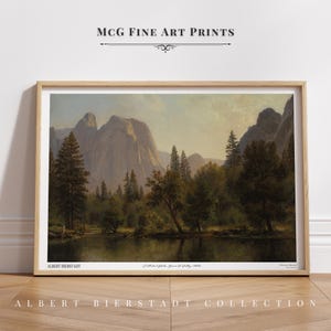 May include: A vintage art print of a landscape painting by Albert Bierstadt titled "Cathedral Rocks, Yosemite Valley, 1868". The painting depicts a valley with towering rock formations, a river, and lush green trees.