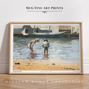 Impresión de arte de pared con galería de niños vadeando, pintura al óleo de paisaje costero vintage de mediados de siglo, póster para niños, decoración estética para sala de estar y hogar #1108