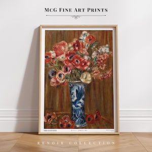 Anémonas en jarrón de Delft, arte de pared, naturaleza muerta, impresión de flores, ramo floral vintage, pintura al óleo, póster, decoración estética para sala de estar, n.° 1356