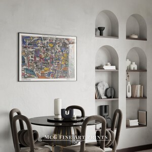 May include: A colorful abstract painting of a city scene with buildings, streets, and people. The painting is framed in black and hanging on a white wall. The painting is titled "The Metropolis of the New York City" by "DAOUST-FOURCA" and is part of a collection of art prints.