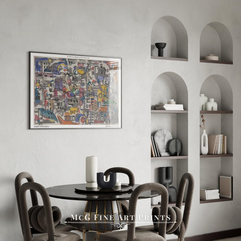 May include: A colorful abstract painting of a city scene with buildings, streets, and people. The painting is framed in black and hanging on a white wall. The painting is titled "The Metropolis of the New York City" by "DAOUST-FOURCA" and is part of a collection of art prints.