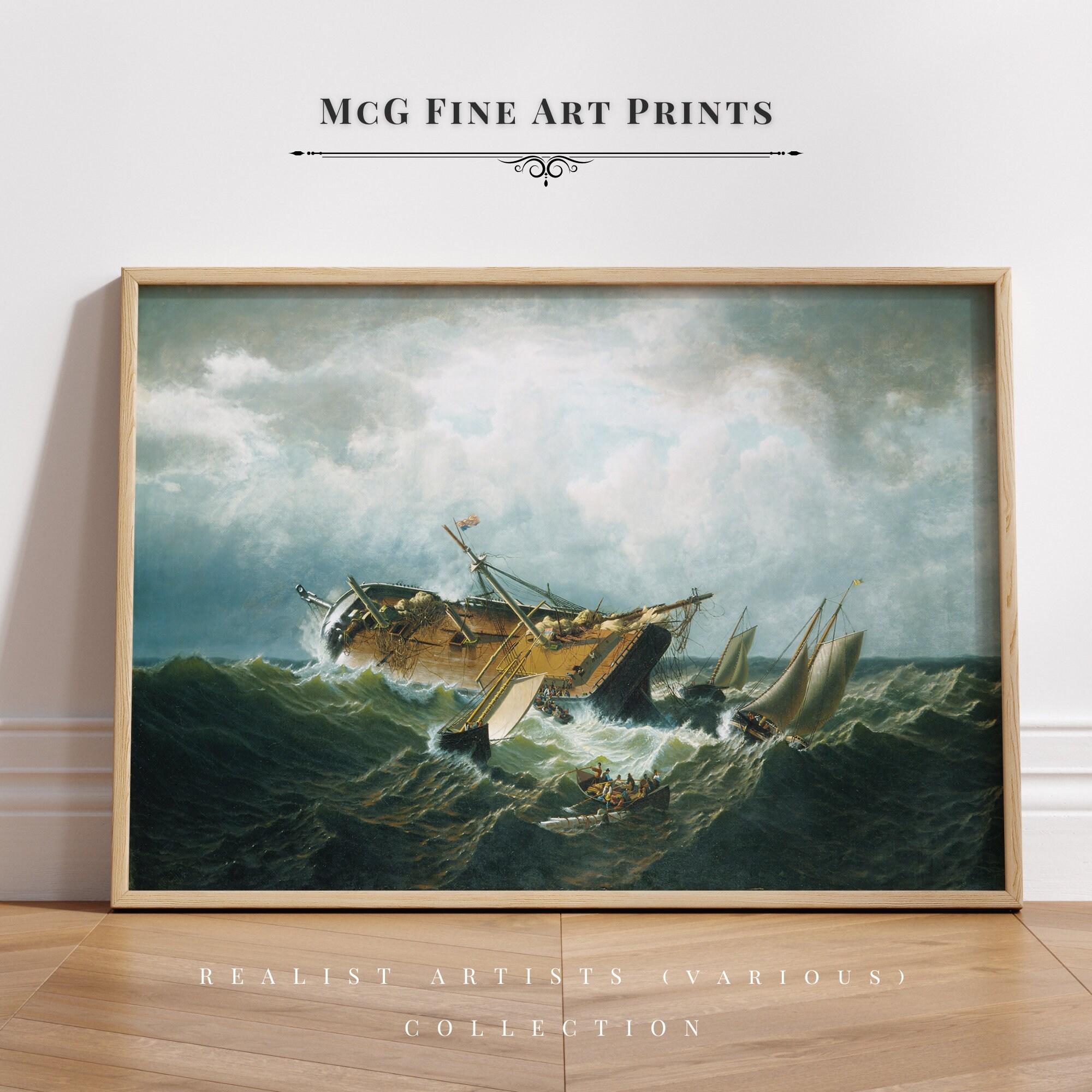 洋書 LIVING IMAGES by Polge (Signed) Shipwreck off Nantucket Gallery Wall Art Print Vintage Nautical