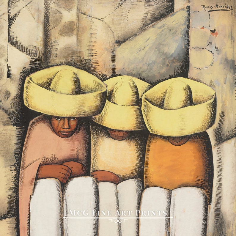 May include: Three people wearing yellow hats are sitting and looking down. They are wearing colorful clothing and are sitting in front of a light gray background. The painting is titled "Ramos Martinez".