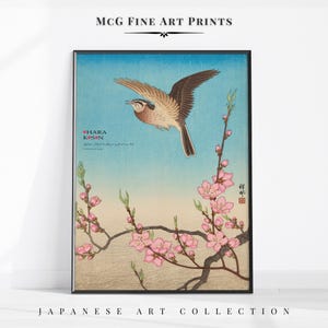 Alondra en vuelo sobre un melocotón en flor, impresión artística de pared, pintura al óleo vintage con flores rosas, póster de pájaro, decoración estética para sala de estar #2716