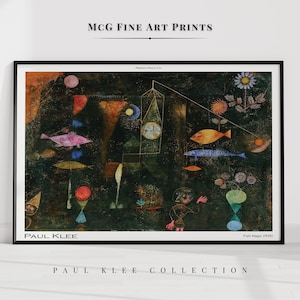 May include: A colorful abstract painting by Paul Klee titled "Fish Magic (1925)". The painting features a dark background with a variety of shapes, colors, and lines. There are fish, flowers, and a small figure in the painting.