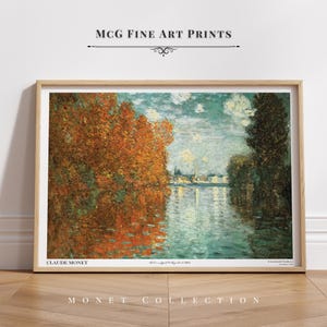 Puede incluir: Una pintura que representa una escena de río con árboles a ambos lados. Los árboles son de tonos naranja y amarillo, y el agua es de un azul claro. El cielo es de un azul pálido con nubes blancas. La pintura se titula "Efecto de otoño, Argenteuil" y es de Claude Monet.