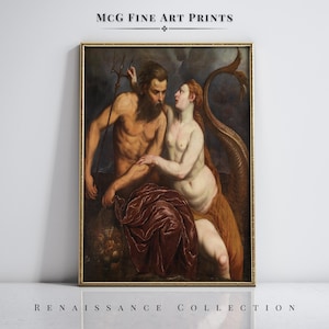 May include: A framed Renaissance-style print featuring a mythological scene. A muscular, bearded figure with a trident stands beside a woman with long red hair and a fish tail. The artwork is in a gold frame, with text at the top and bottom.