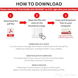 May include: A diagram showing how to download digital files from Etsy. The steps include downloading a PDF file, opening the file and clicking on the thumbnail image, and copying and downloading files to your computer. The diagram includes a PDF icon, a thumbnail image, and a folder icon with JPG files. The text "DOWNLOAD AS A GUEST" is also included.
