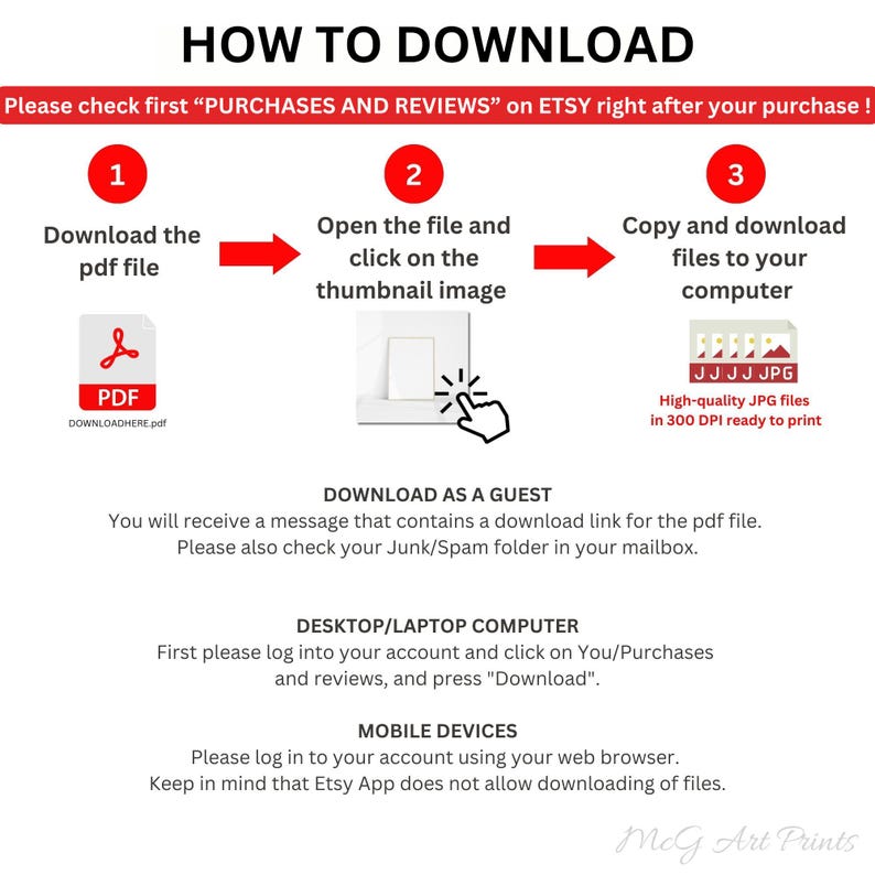 May include: A diagram showing how to download digital files from Etsy. The steps include downloading a PDF file, opening the file and clicking on the thumbnail image, and copying and downloading files to your computer. The diagram includes a PDF icon, a thumbnail image, and a folder icon with JPG files. The text "DOWNLOAD AS A GUEST" is also included.