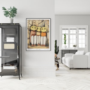 May include: A vintage art print featuring three figures wearing yellow sombreros and traditional clothing. The figures are seated together in a colorful, stylized setting. The print is titled "Los Tres Amigos" and is by the artist Alfredo Zalce.