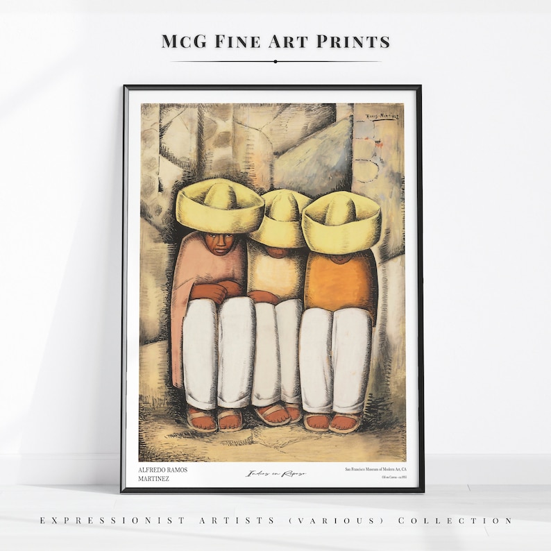 May include: A painting of three people wearing yellow hats, sitting together. The painting is in a muted color palette with shades of brown, yellow, and white. The painting is titled "Todos en Reposo" and is by Alfredo Ramos Martinez.