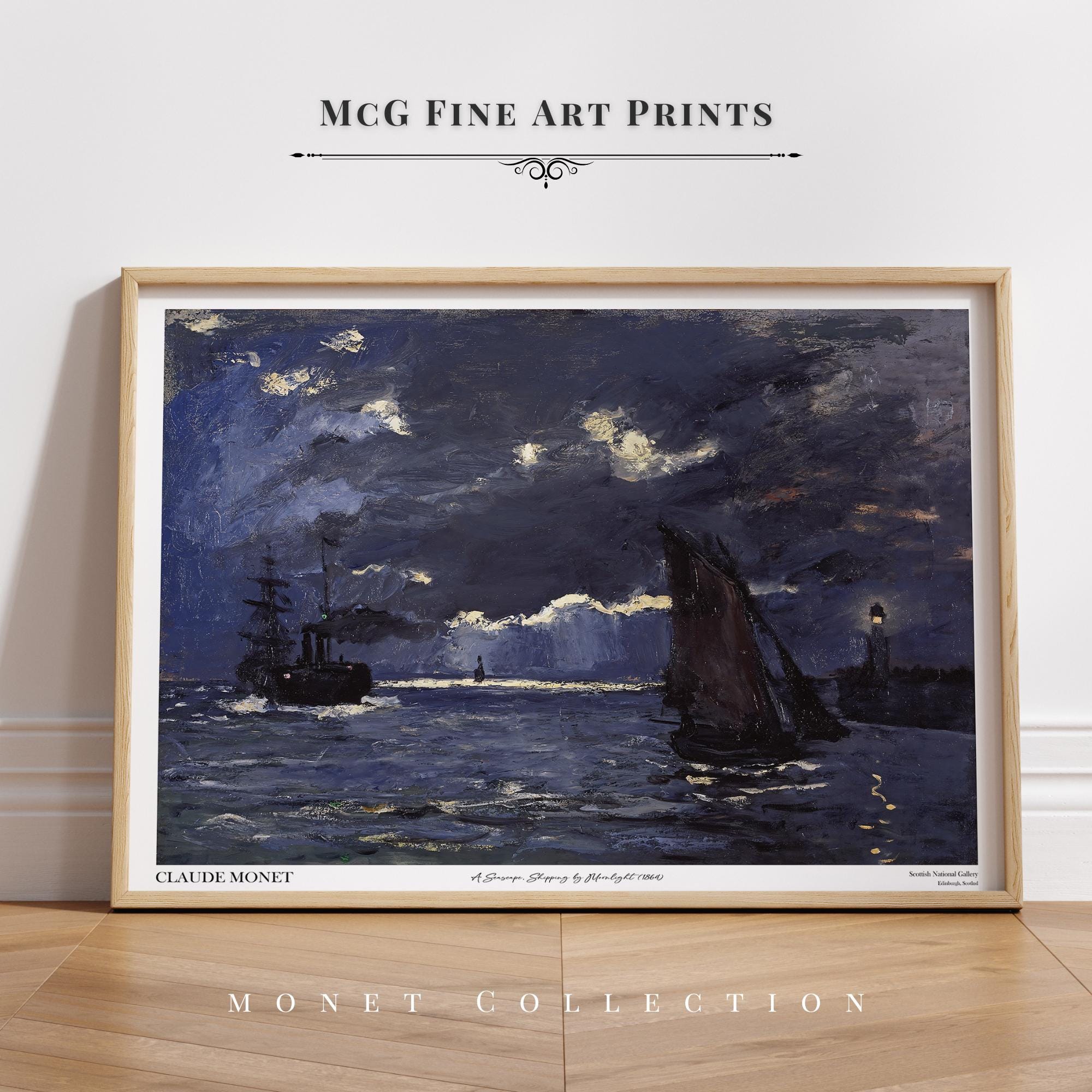A Seascape Shipping by Moonlight Monet Gallery Wall Art Print Vintage Coastal Landscape Oil Painting Poster Aesthetic Living Room Decor#2588