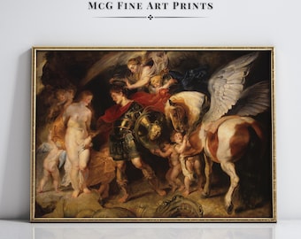 Impresión artística de pared de galería de Perseo y Andrómeda, mitología griega antigua, pintura al óleo heroica, póster de rescate de monstruos marinos, decoración estética para habitación #2913