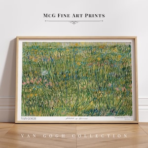 May include: A framed print of a painting by Vincent van Gogh titled "Field of Flowers". The painting depicts a field of green grass with yellow, blue, and pink flowers. The print is labeled "Van Gogh Collection" at the bottom.