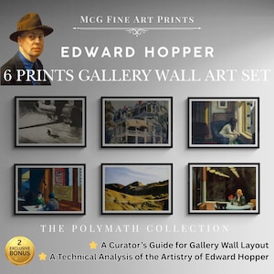 Może przedstawiać: Zestaw grafik ściennych do galerii, zawierający sześć oprawionych wydruków dzieł Edwarda Hoppera. Zestaw zawiera portret Edwarda Hoppera i tekst "6 Prints Gallery Wall Art Set". Zestaw zawiera również przewodnik bonusowy i analizę.
