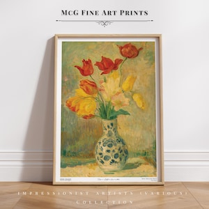 Tulipanes en un jarrón de cerámica de Delft, impresión artística de pared, ramo de flores vintage, pintura al óleo, póster, decoración de sala de estar estética de mediados de siglo n.° 1909