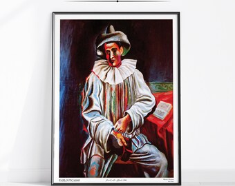 ピカソ、仮面をつけたピエロ、リネンキャンバスに油絵複製、仮面をつけ