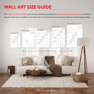 May include: A guide to wall art sizes, showing the most common sizes for prints in inches and centimeters. The guide includes a sofa for scale, and the text "Sofa is 90" (228cm) wide".
