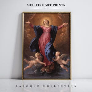 May include: A vintage painting depicting the Assumption of the Virgin Mary. The painting features a woman in a blue and red robe ascending to heaven, surrounded by clouds and angels. The painting is framed in a gold frame.