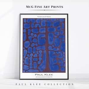 May include: A print of a painting by Paul Klee titled "Late Evening Looking Out of the Woods" (1937). The painting features a dark purple background with blue abstract shapes.