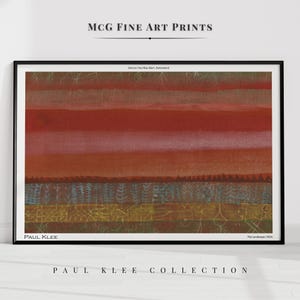 Op de afbeelding: Abstracte kunstprint met een rood en blauw landschap met de tekst "Paul Klee" en "Flat Landscape (1920)" onderaan.