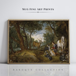 May include: A framed print of a classical painting featuring a forest scene with a deer, a white horse, dogs, and a person. The text "MCG FINE ART PRINTS" and "BAROQUE COLLECTION" are visible.