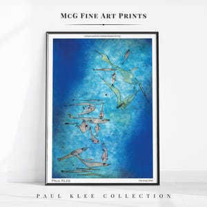 Puede incluir: Una pintura abstracta de peces en azul y verde de Paul Klee. La pintura se titula "Fish Image" y está fechada en 1925.