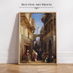 Może przedstawiać: Malowidło przedstawiające tętniącą życiem uliczną scenę w mieście na Bliskim Wschodzie. Obraz przedstawia grupę ludzi w tradycyjnych strojach, którzy idą wąską ulicą otoczoną budynkami. Budynki mają skomplikowane detale i są pomalowane ciepłymi kolorami. Obraz jest oprawiony w drewnianą ramę.