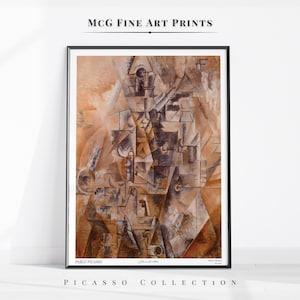 May include: Abstract art print featuring a cubist style painting in shades of brown, gray, and white. The print is titled "Guitare et Violon" by Pablo Picasso. The print is part of the Picasso Collection.