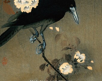 Crow and Blossom Gallery Wall Art Print Vintage Nature Japan
