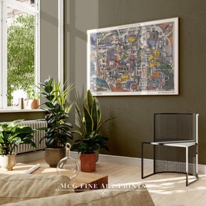 May include: A colorful abstract painting of a city scene hangs on a wall in a room with a modern chair and plants. The painting is titled "The Metropolis of Modern New York City" and is by the artist "Charles Sheeler".
