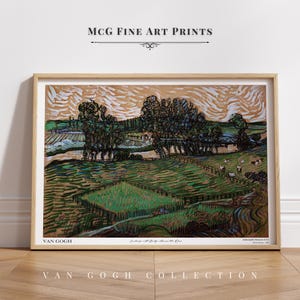 May include: A vintage-style print of a landscape painting by Vincent van Gogh. The painting depicts a field with a row of trees in the background. The sky is a pale yellow with swirling brushstrokes. The text "VAN GOGH" is in the bottom left corner of the print.