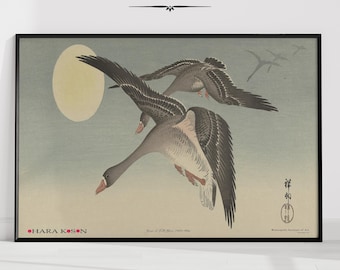 Gansos na Lua Cheia Galeria Arte de Parede Impressão Floral Vintage Pássaros Selvagens Japoneses em Voo Pintura a Óleo Pôster Estético Decoração de Sala de Estar #2725
