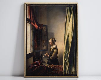 Garota lendo uma carta perto de uma janela aberta Galeria de arte de parede Impressão vintage Retrato de mulher holandesa Pintura a óleo Decoração estética para sala de estar #2818