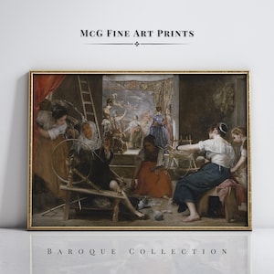 May include: A vintage oil painting depicting a group of women in a room with a spinning wheel. The women are dressed in colorful clothing and are engaged in various activities, such as spinning yarn and looking out a window. The painting is framed in a gold frame and has a Baroque style.